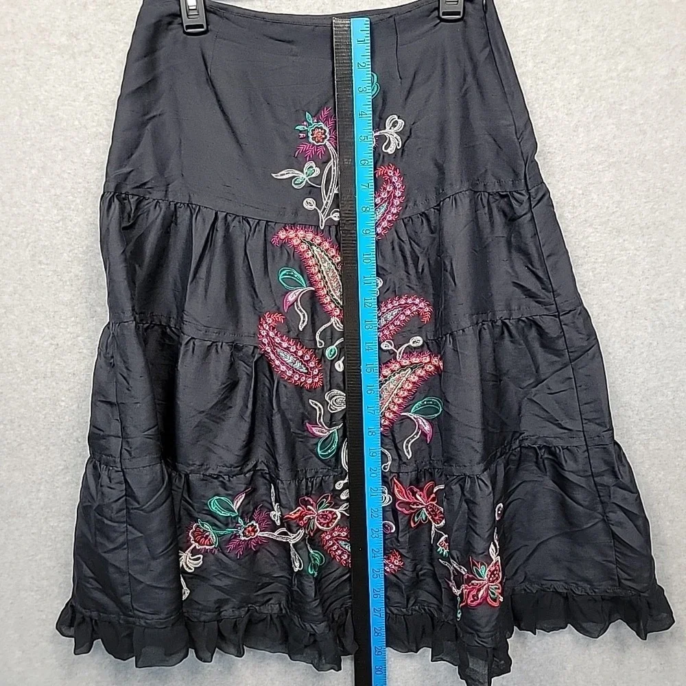CAROLE LITTLE Silk Midi Skirt Black Embroidered Beaded Tiered Ruffle Size 6 Boho